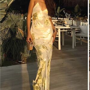 Metallic Print V-Neck Backless Slip Long Dress